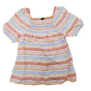 Talbots Women's Top Size L 100% Linen Pastel Rainbow Stripe‎ Puff Sleeve Peasant